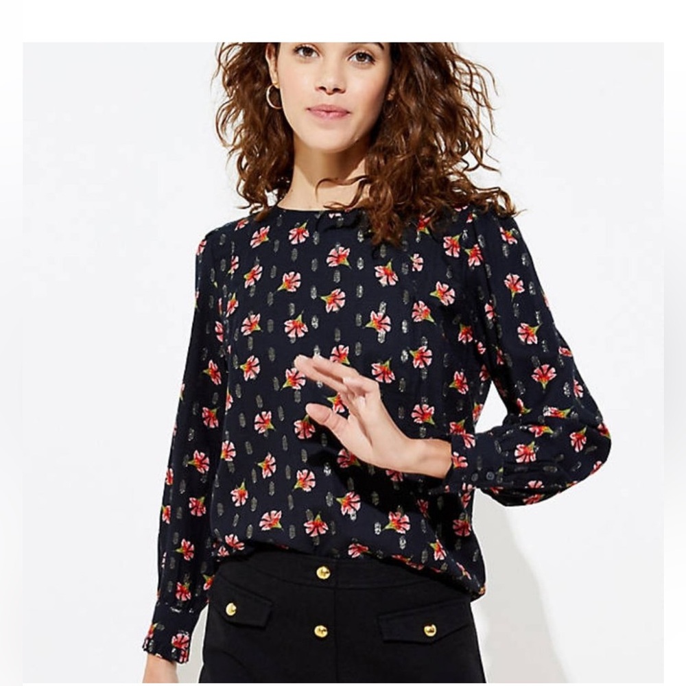 Floral Long-Sleeve Blouse - Black with Red Floral Print